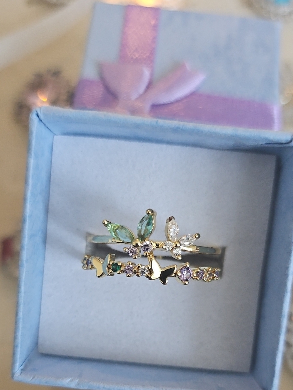 Gold Butterfly & Crystal Layered Free Suze Ring - Green and White